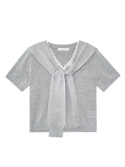 Lace Spliced V-Neck Knitted T-Shirt - CHINASQUAD