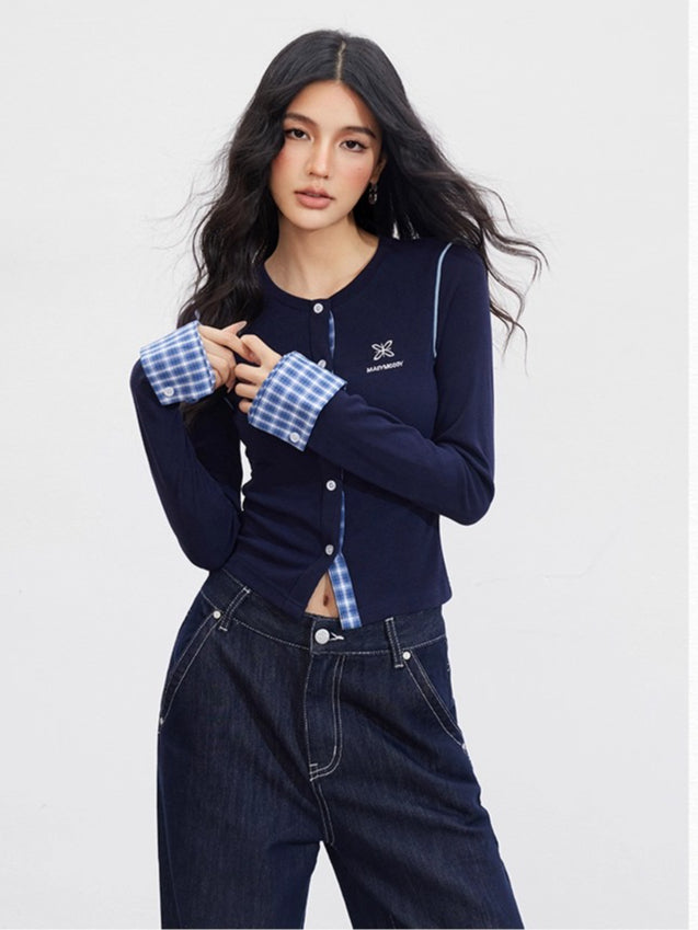 Plaid Embroidery Knit Cardigans