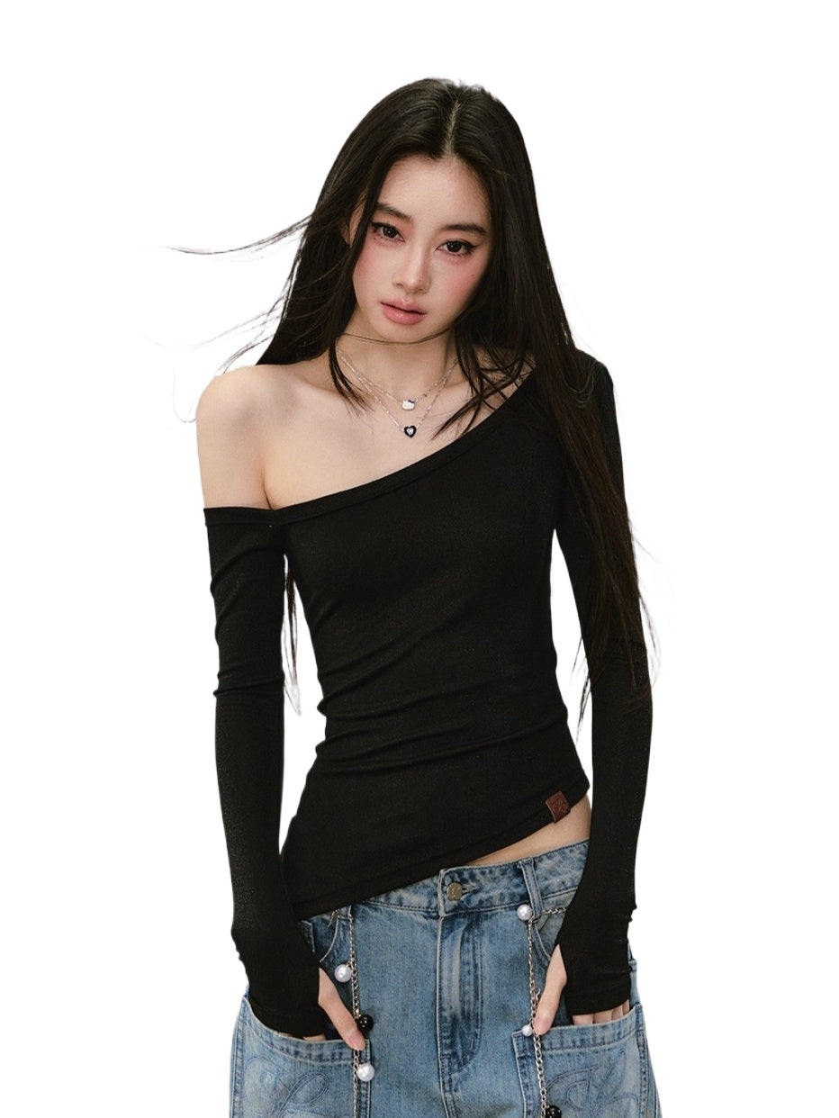 Shimmer Asymmetric Shoulder Irregular T-shirt