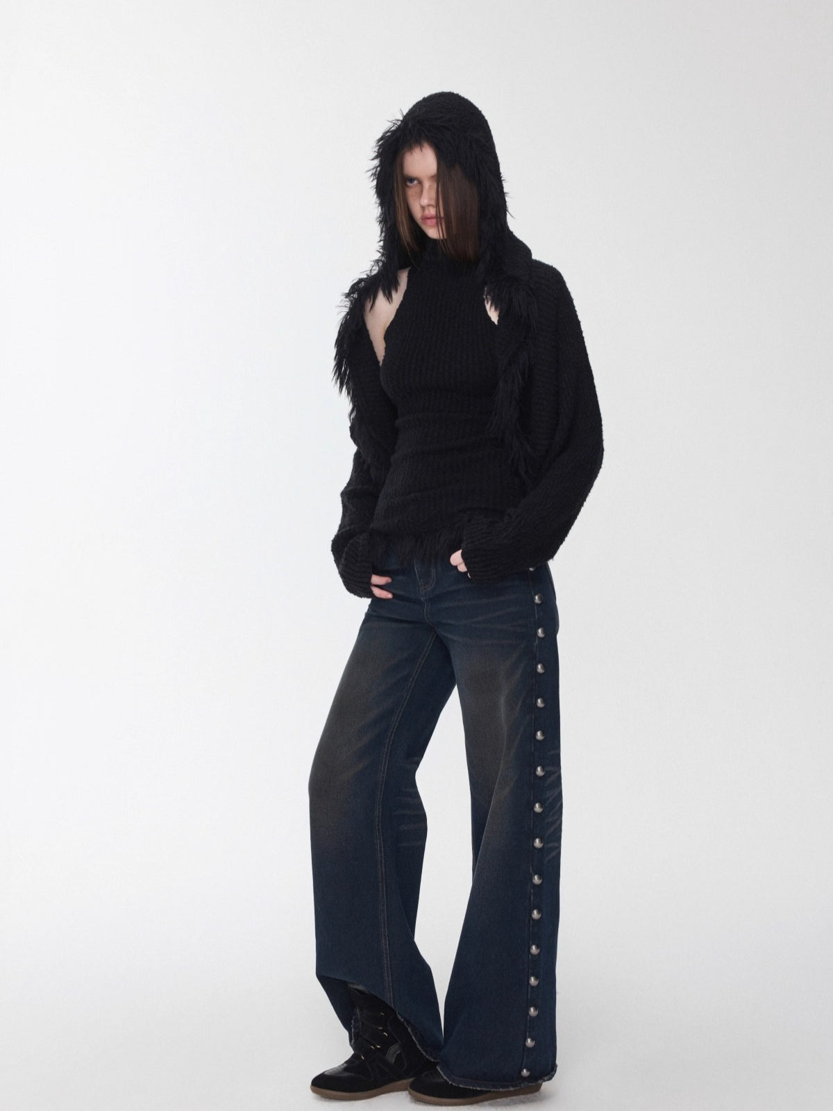 Fringe Knit Vest &amp; Hooded Sleeveless Set