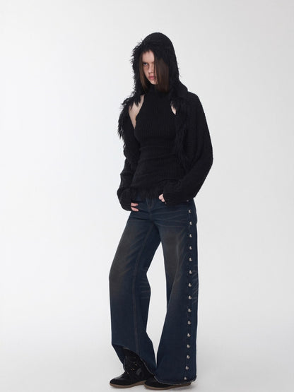 Fringe Knit Vest &amp; Hooded Sleeveless Set