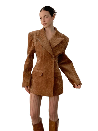 Waist-Cinched Power-Shoulder Blazer