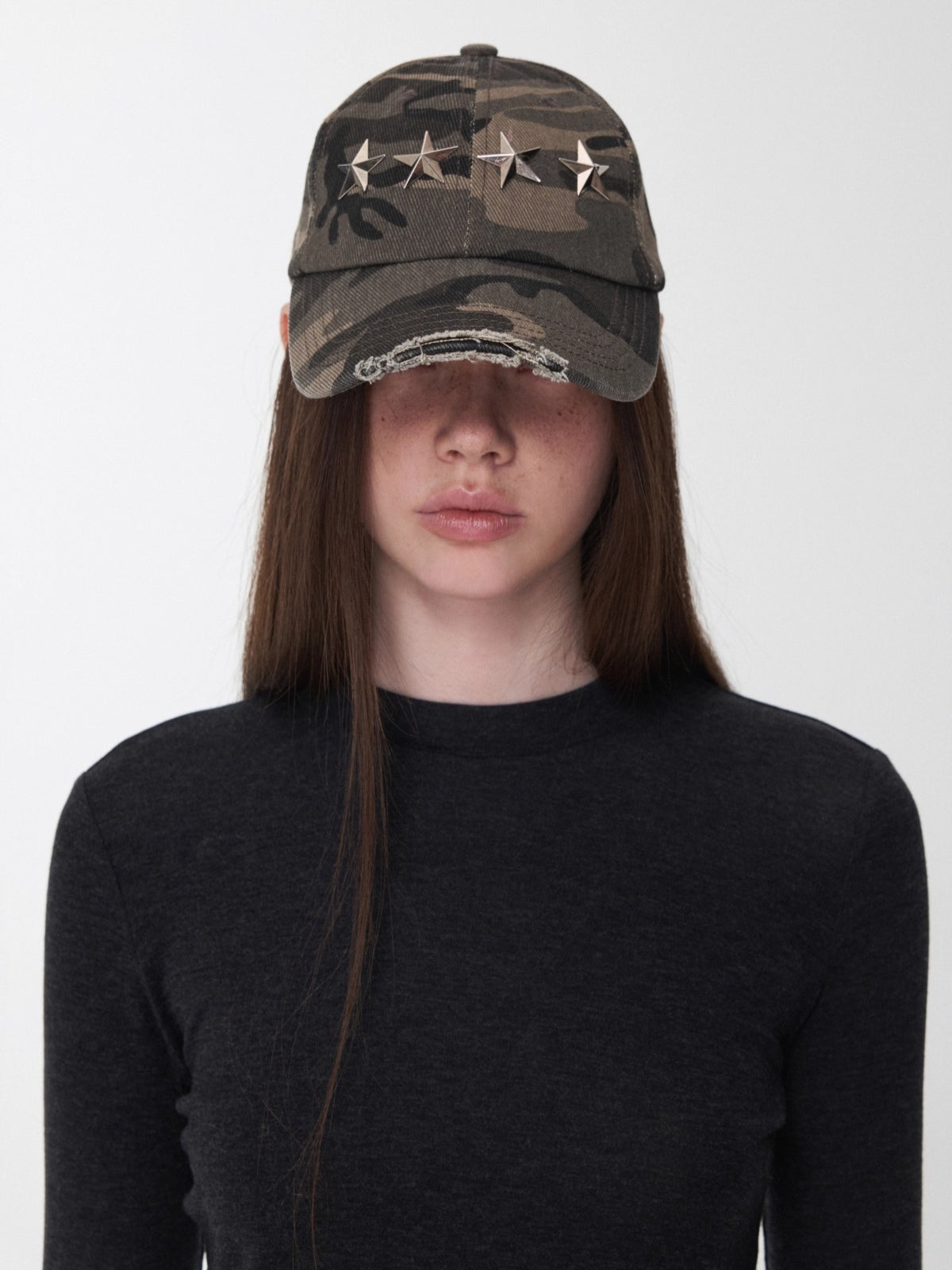 Distressed Star-Studded Camouflage Baseball Cap