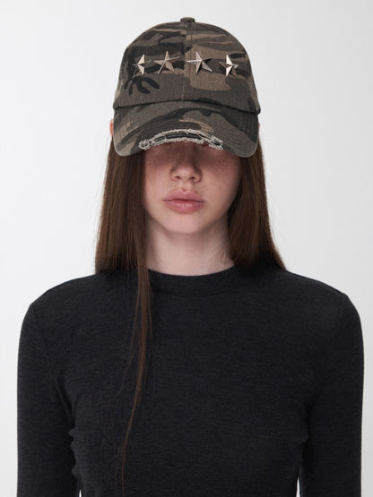 Distressed Star-Studded Camouflage Baseball Cap