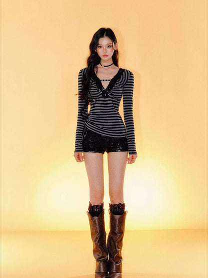 Striped V-Neck Slim-Fit Top &amp; Shorts Set