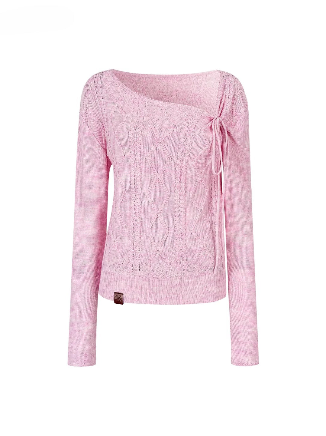 Asymmetrical Tie-Neck Cable Knit Sweater