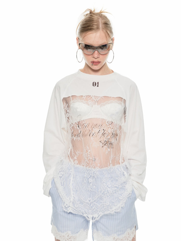 White Lace Raglan Sleeve T-shirt