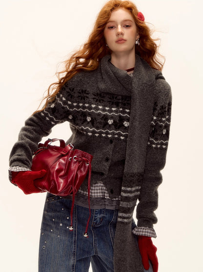 Fair Isle Wool-Blend Knit Cardigan &amp; Scarf Set