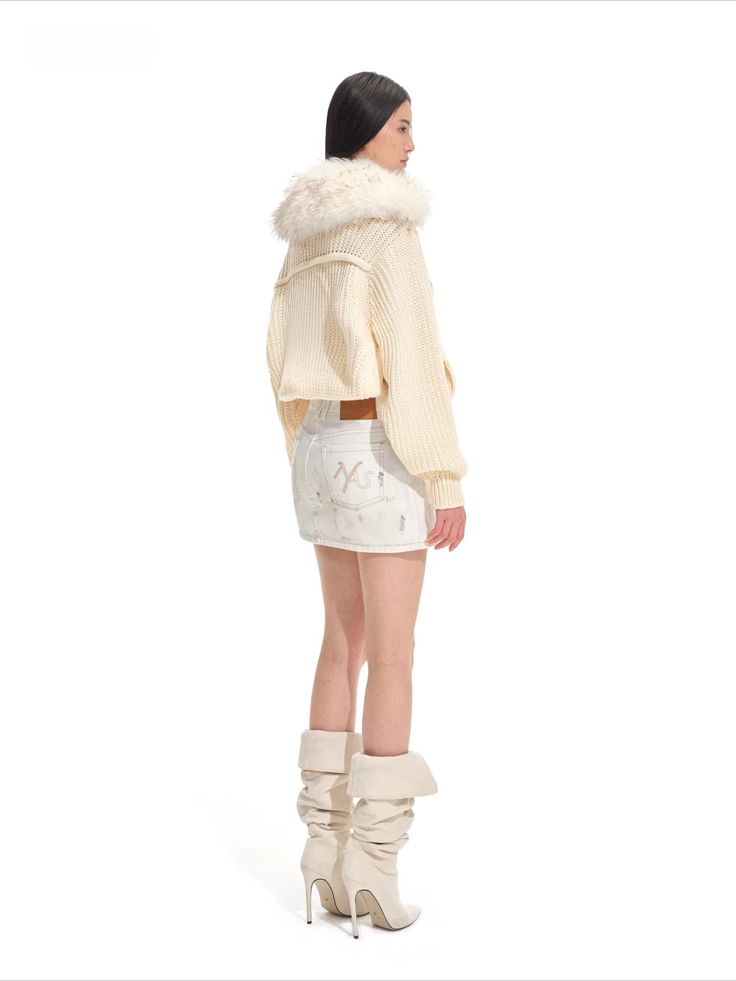 Faux Fur Collar Wool Knit Cardigan