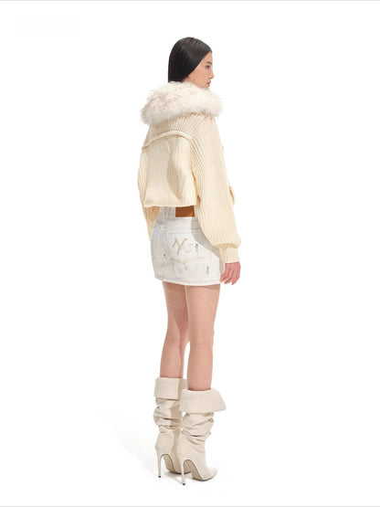 Faux Fur Collar Wool Knit Cardigan