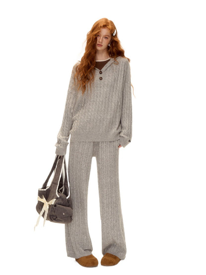 Wool Blend Cable-Knit Hoodie &amp; Wide-Leg Pants Set