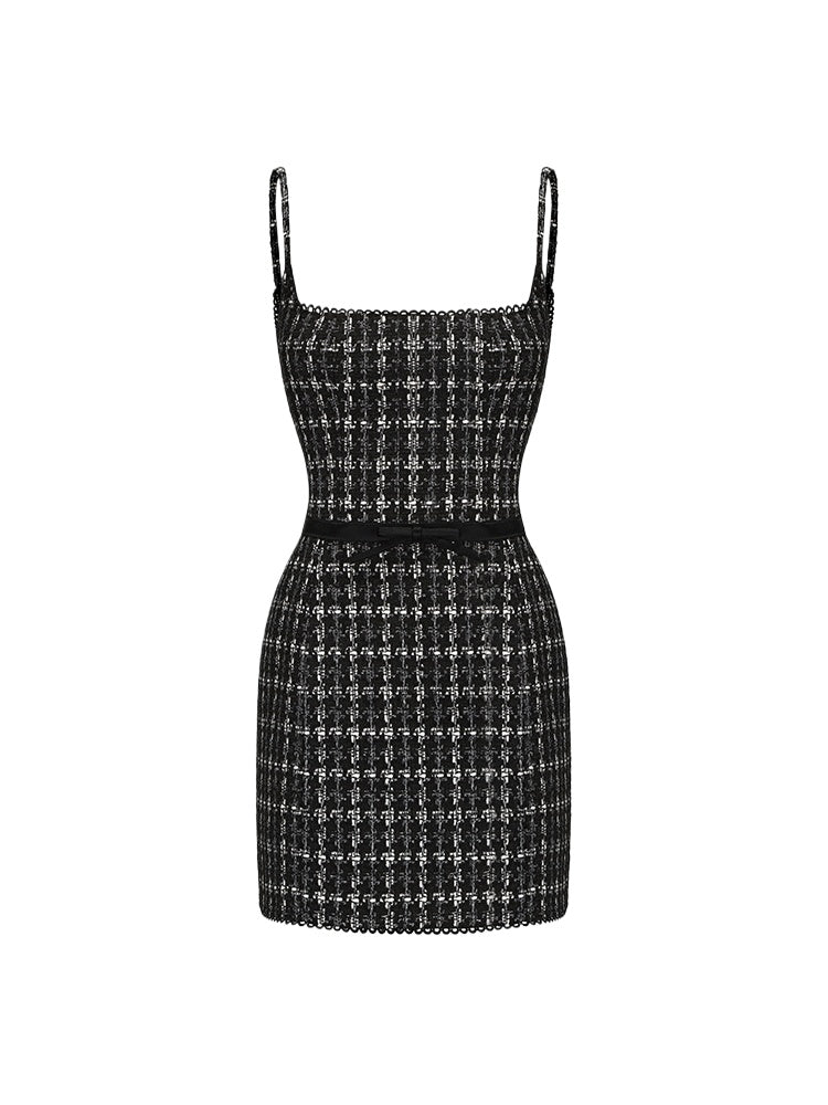 Tweed Strap Satin-Panel Mini Dress