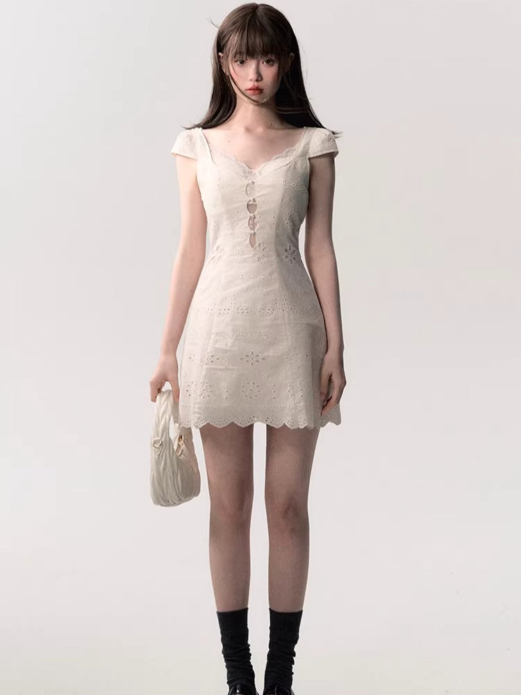 Cream White Lace-Panel Slim Fit Textured Dress