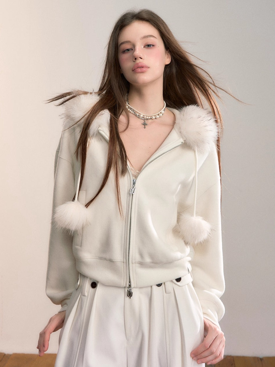 Faux Fur Collar Wool-Blend Fleece Jacket