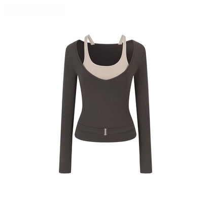Belted Contrast Panel Knit Layered T-Shirt