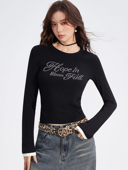 Dual-Layer Letter Embellished Slim-Fit T-Shirt