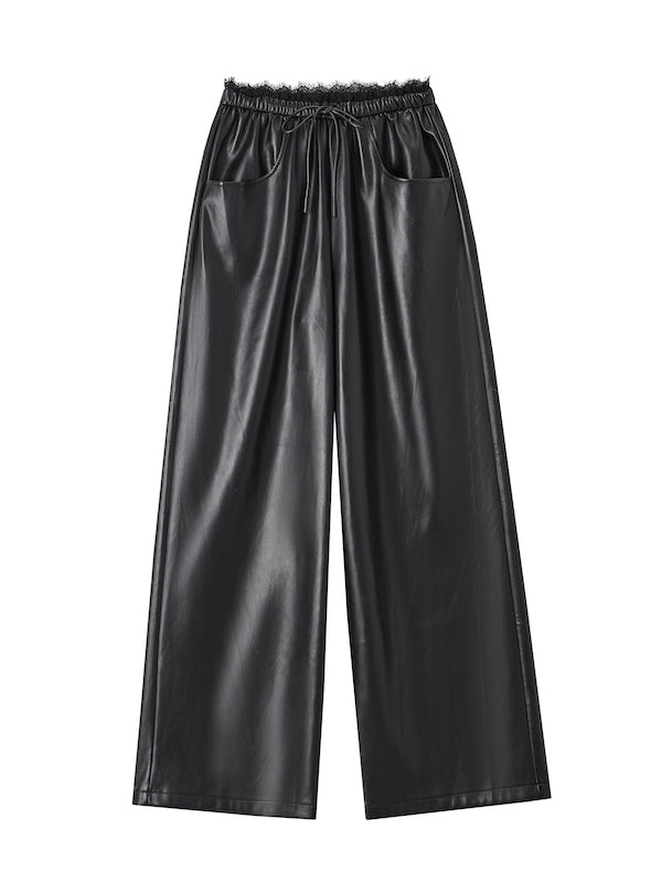 Lace-Trim Drawstring Faux Leather Pants