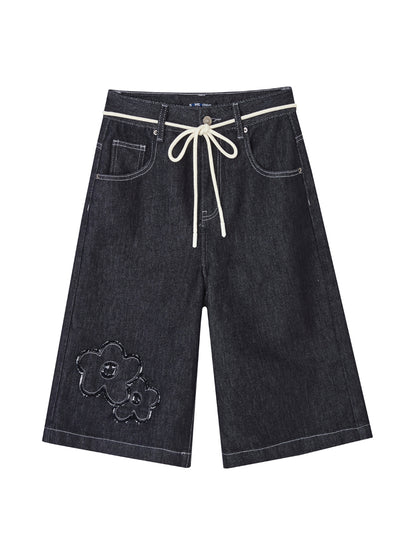 Original Color Raw-edge Floral Denim Shorts - CHINASQUAD