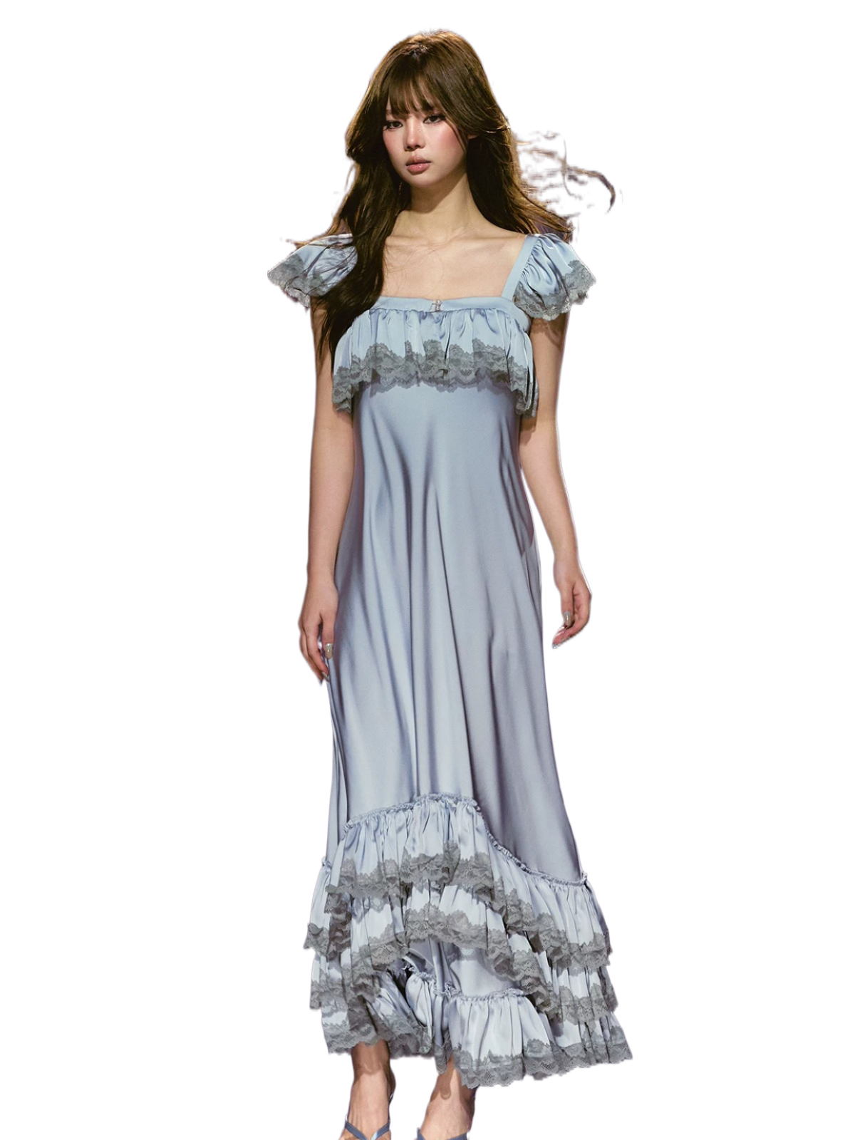 French Lace-Spliced Satin A-Line Maxi Dress Blue / S