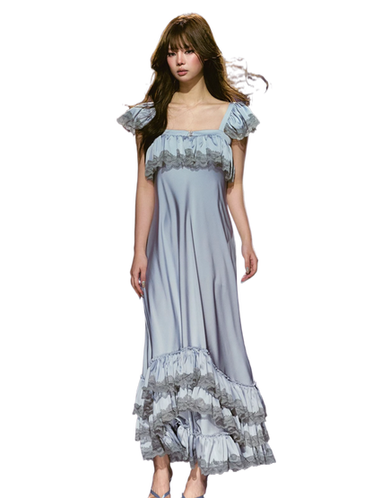 French Lace-Spliced Satin A-Line Maxi Dress