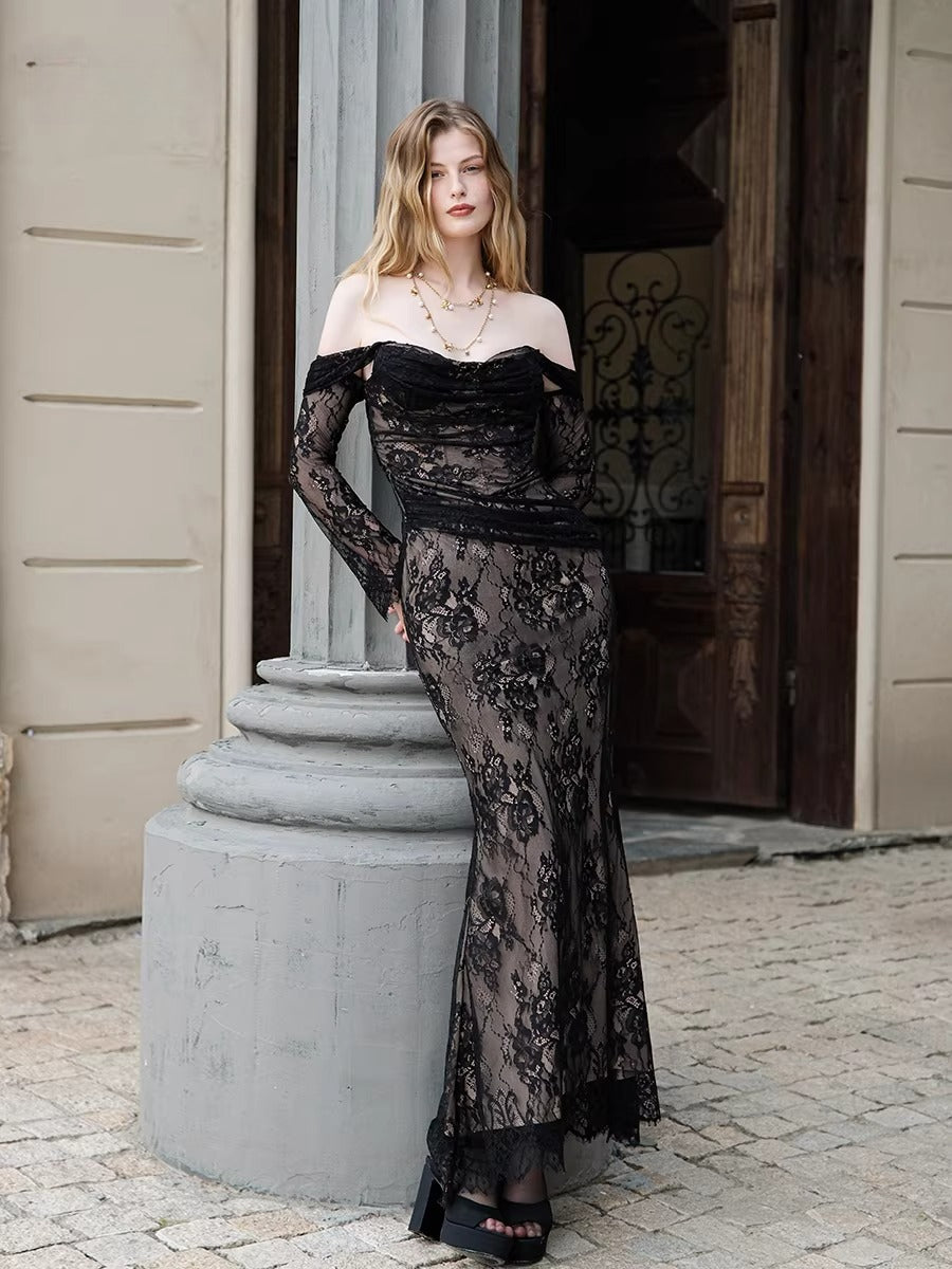Off-Shoulder Lace-Panel Mermaid Maxi Dress