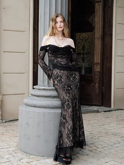Off-Shoulder Lace-Panel Mermaid Maxi Dress