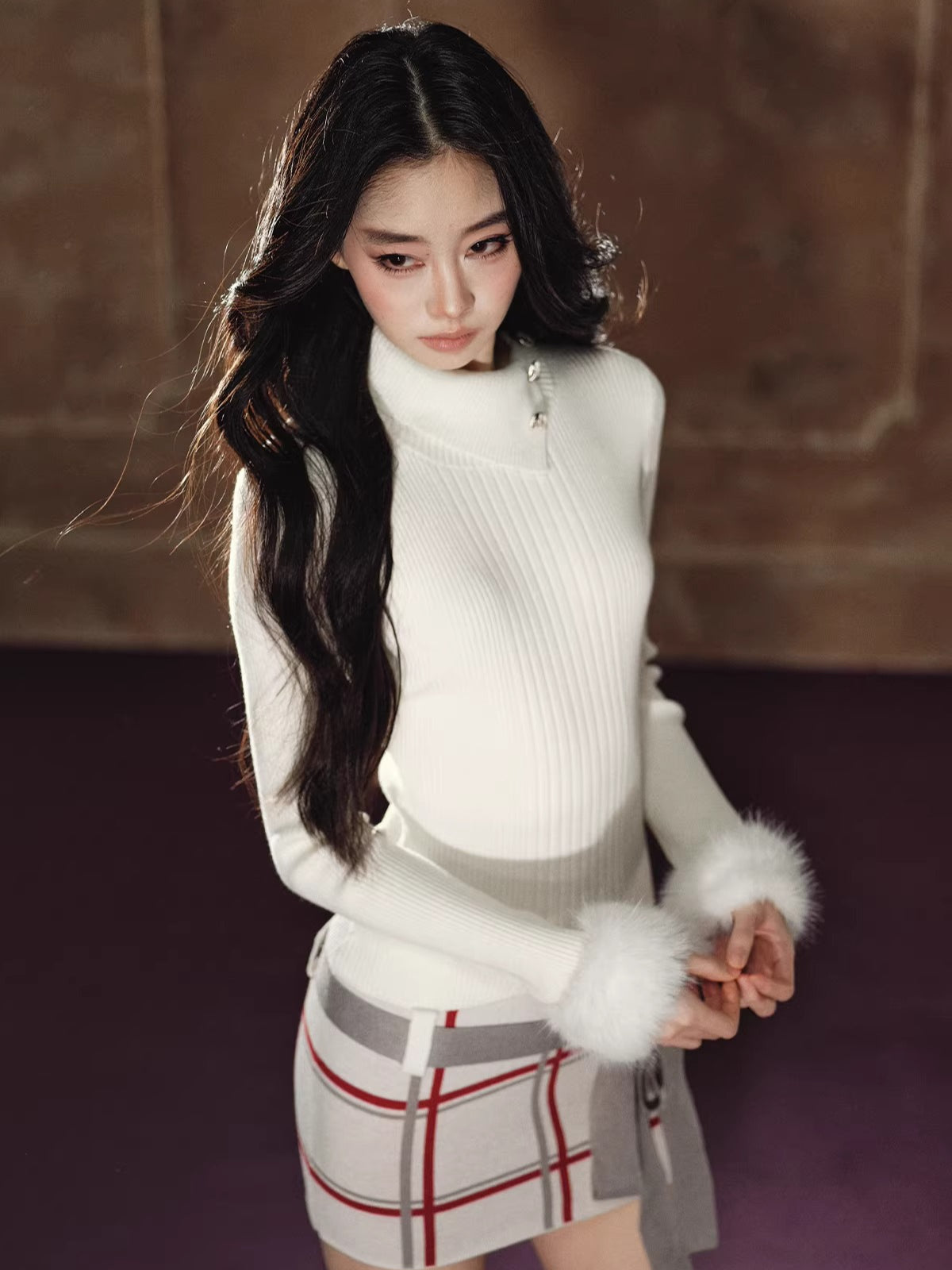 Faux-Fur Turtleneck Belted Slim-Fit Dress