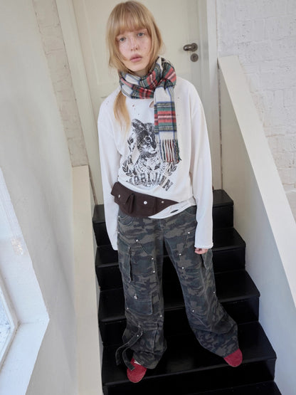 Vintage Cat &amp; Dog Print Distressed Long-Sleeve Tee