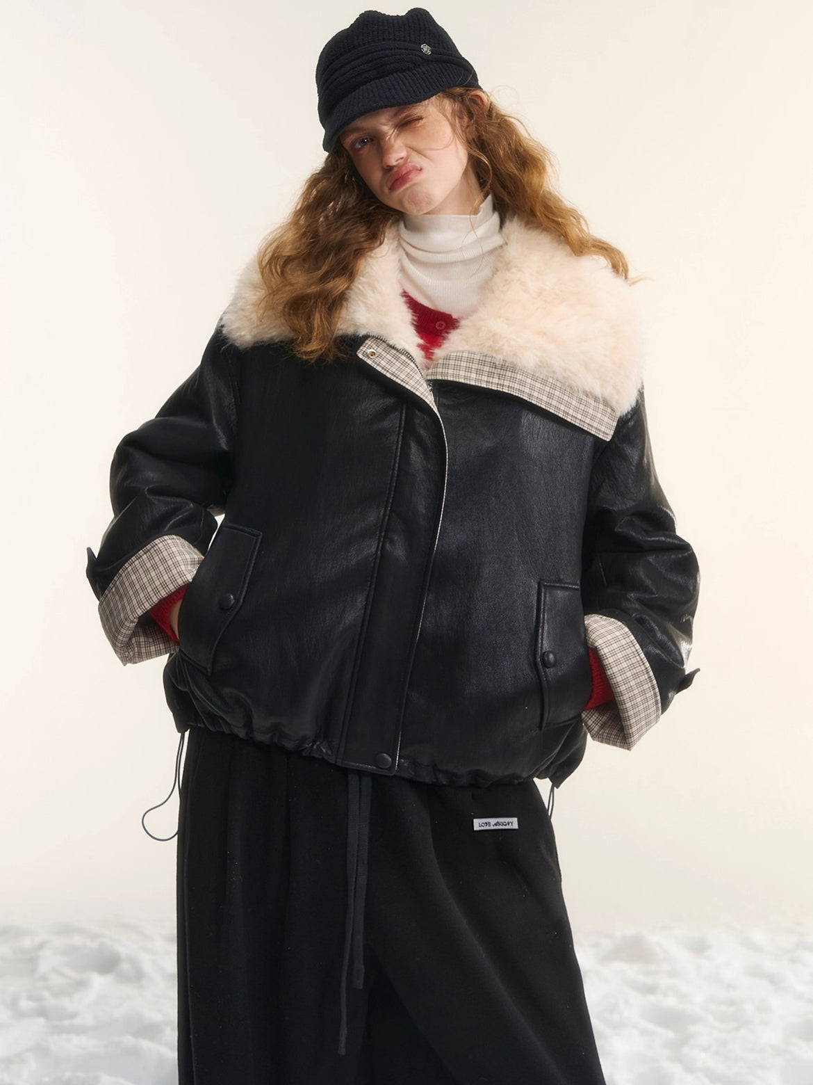 Faux-Fur Collar Down Leather Jacket