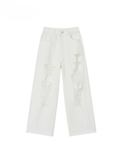 White Rhinestones Ripped Jeans
