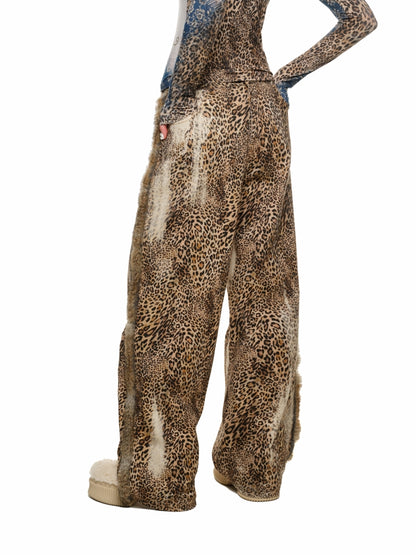 Patchwork Rabbit Fur Leopard Wide-Leg Pants