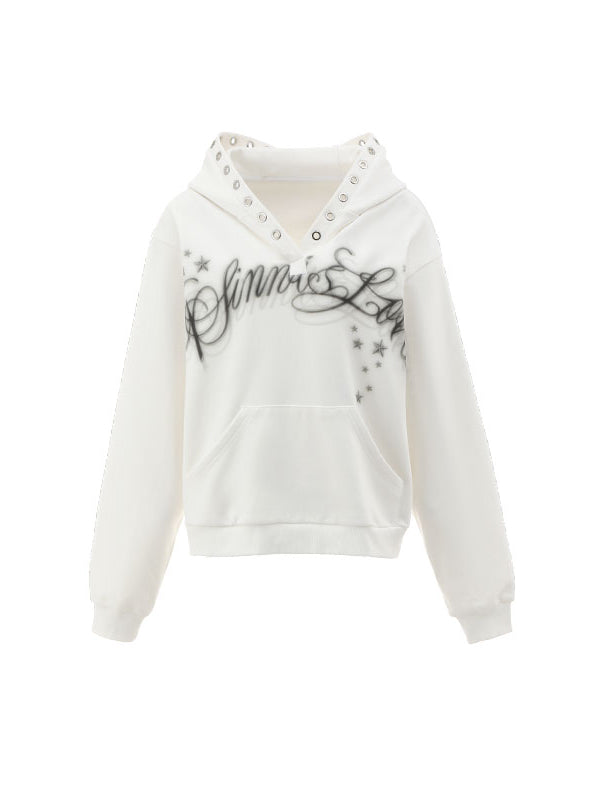 Loose Hooded Eyelet Print Sweatshirt