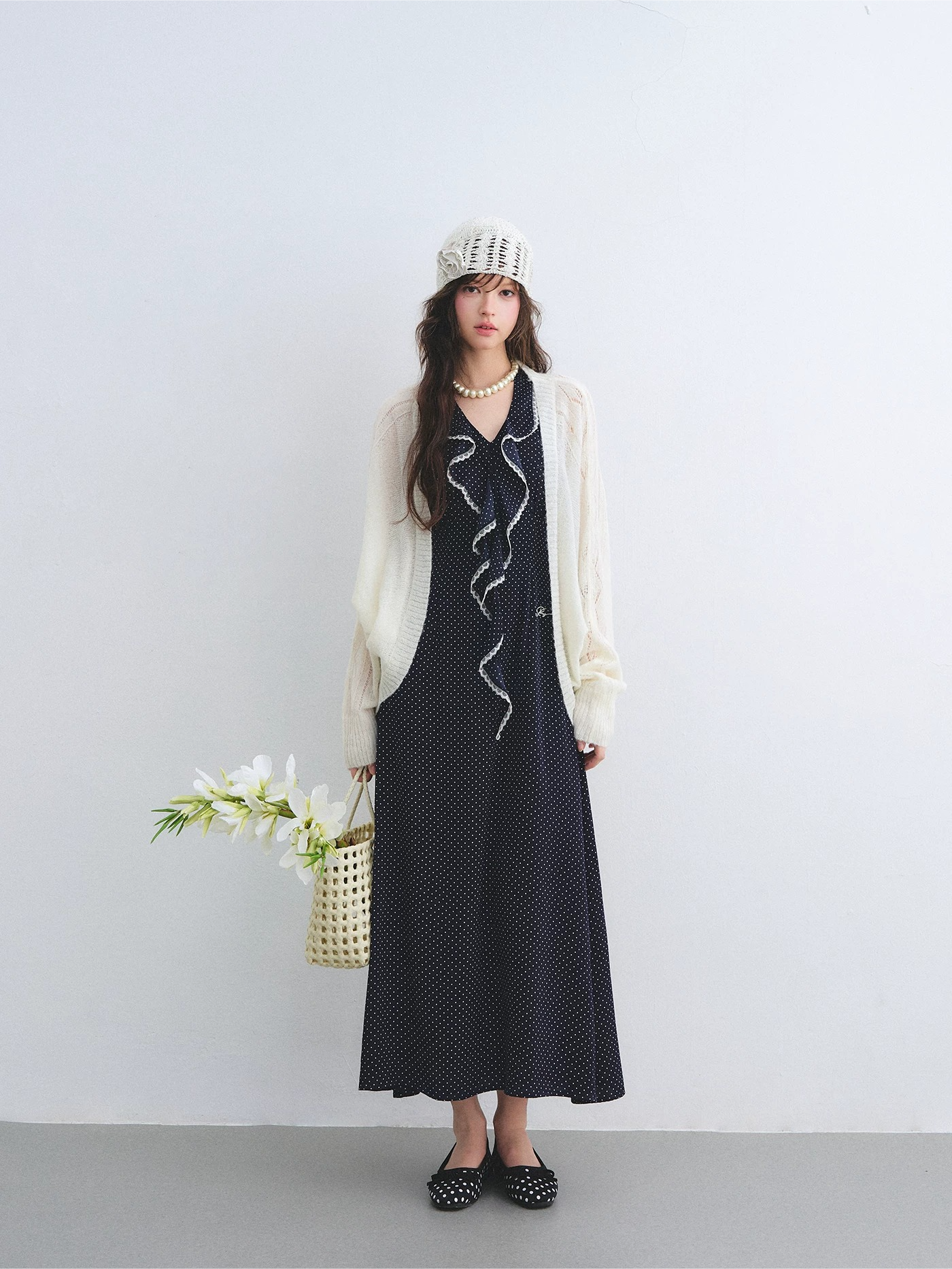 Navy Polka Dot Lace Ruffle V-Neck Sleeveless Midi Dress