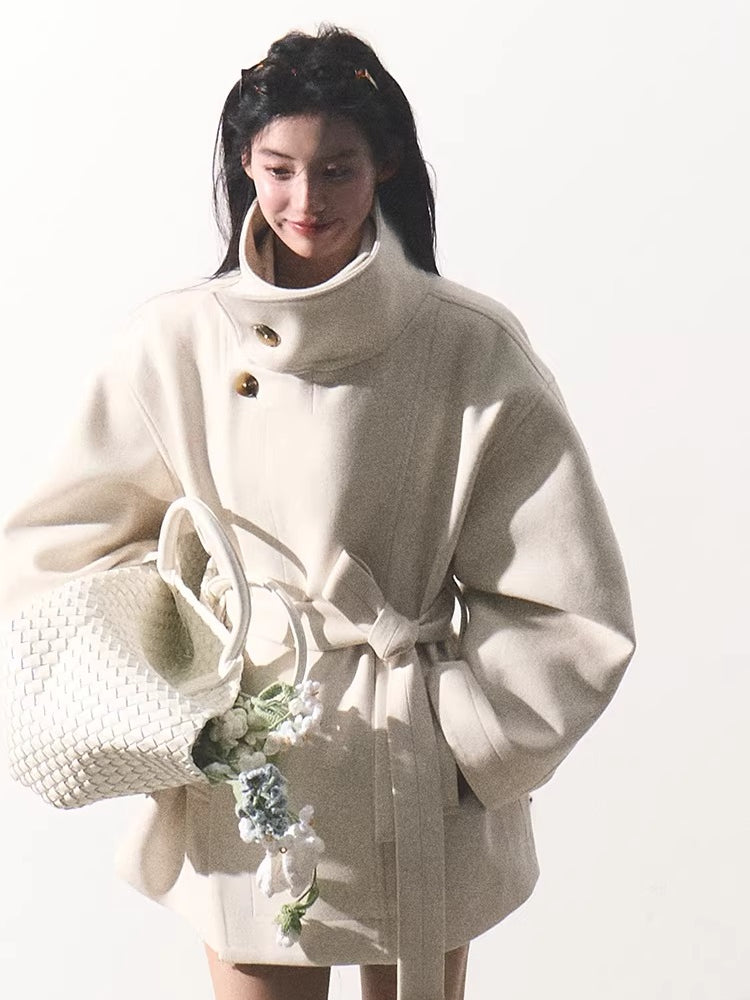 Stand-Collar Wool Short Coat