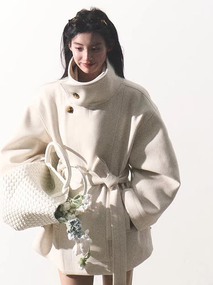 Stand-Collar Wool Short Coat