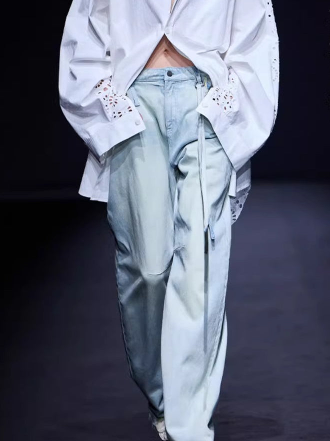 Washed Pleated Banana-Fit Denim Pants