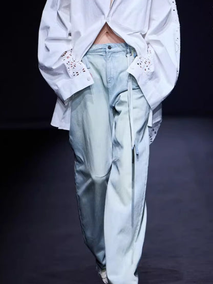 Washed Pleated Banana-Fit Denim Pants