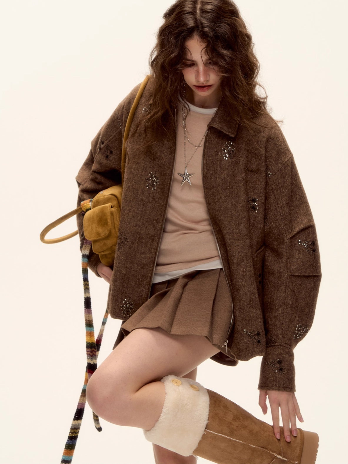 Sequin Embroidered Plaid Wool Blouson Jacket