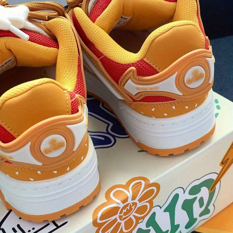 Orange Burger Embroidered Lettering Low-Top Skate Sneakers