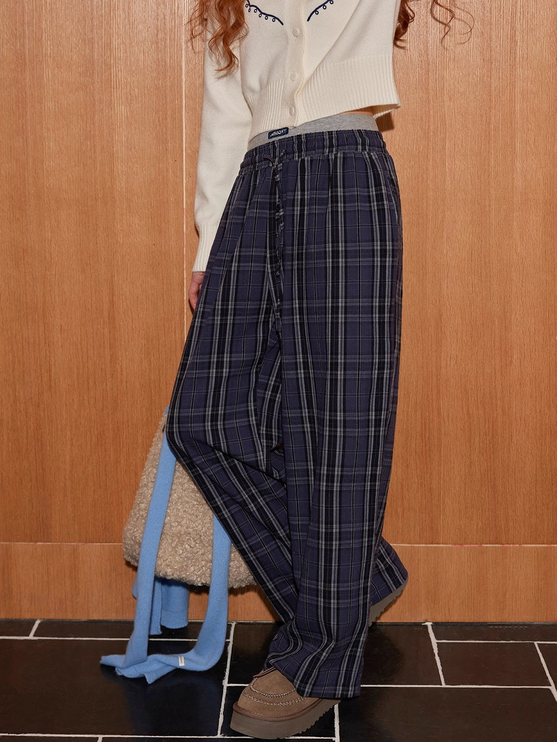 Plaid Patchwork Double-Waist Relaxed Straight Pants