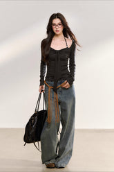 Gray Beaded Halter Bow-Knot Fitted Knit Blouse - CHINASQUAD