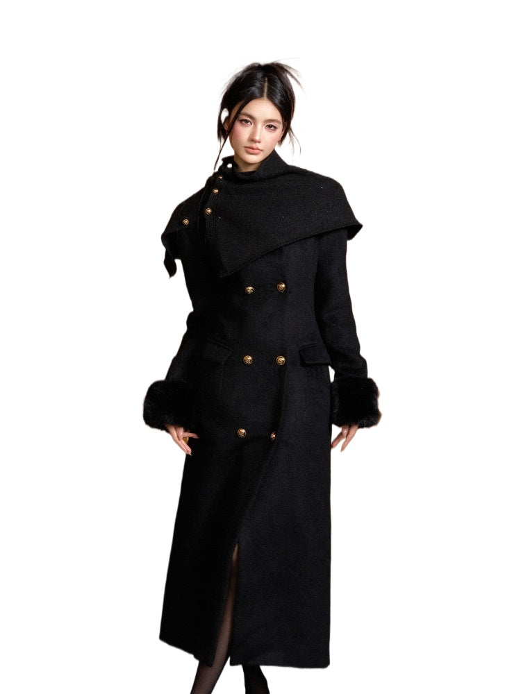 Detachable Fur Waist-Fitted Wool Coat &amp; Scarf Set