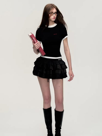 Embroidered Tiered Puff Mini Skirt