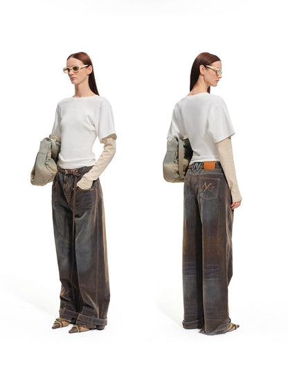 Terracotta Velvet-Washed Wide-Leg Jeans
