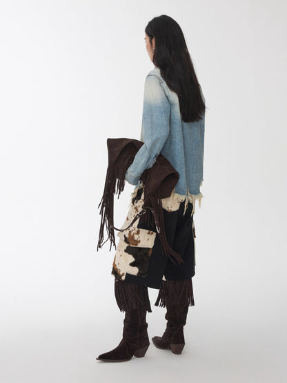 Vintage Washed Frayed Denim Fitted Shirt