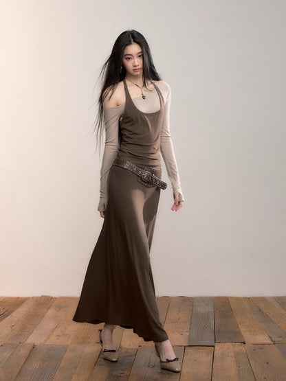 Contrast-Panel Off-Shoulder Layered Maxi Dress