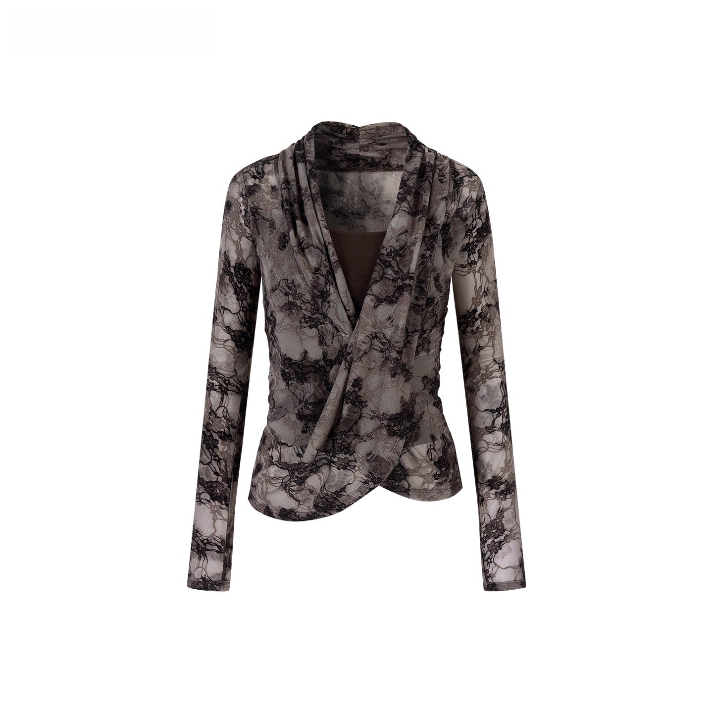 Sheer Lace Draped Crossover Blouse