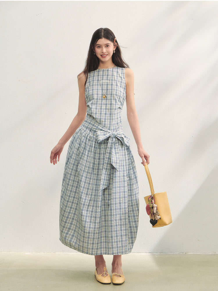 Belted Waist Checked Vest Dress - CHINASQUAD