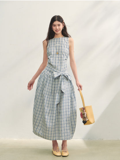 Belted Waist Checked Vest Dress - CHINASQUAD