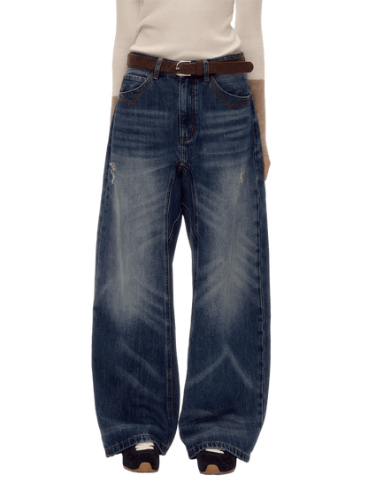 Vintage Washed Distressed Wide-Leg Jeans